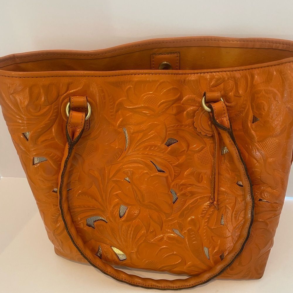 Patricia Nash Adeline Burnished Cutout Tooled Leather Cognac Tote